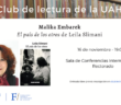 Cartel del club de lectura con la foto de Malika Embarek y la portada del libro El país de los otros.