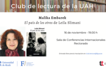 Cartel del club de lectura con la foto de Malika Embarek y la portada del libro El país de los otros.